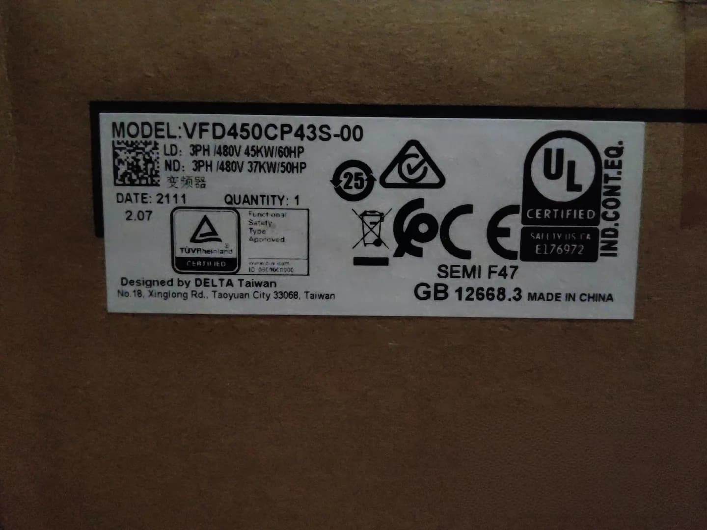 100% helt ny original og ægte Delta VFD450CP43S-00 380V45KW Frekvensomformere Drive Servo Motor